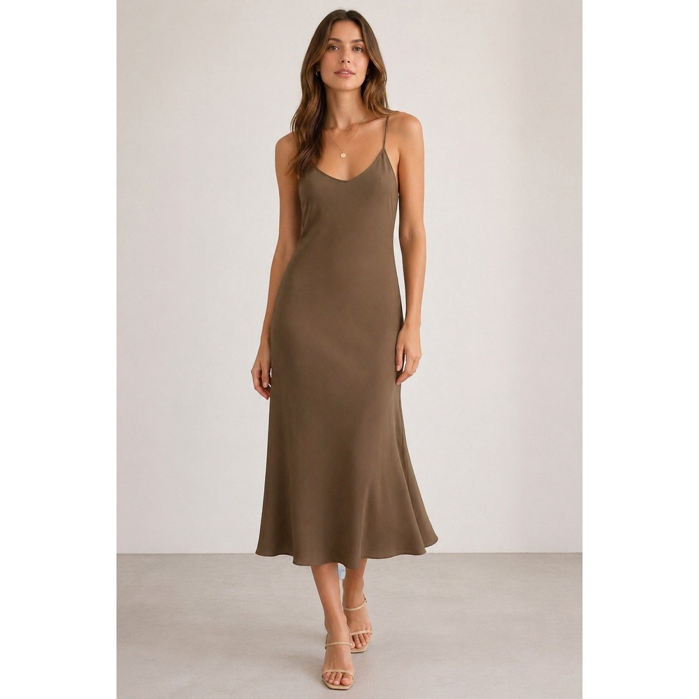 Able Brown Viscose V-Neck Midi Slip Dress Adjustable Spaghetti Straps Womens XL